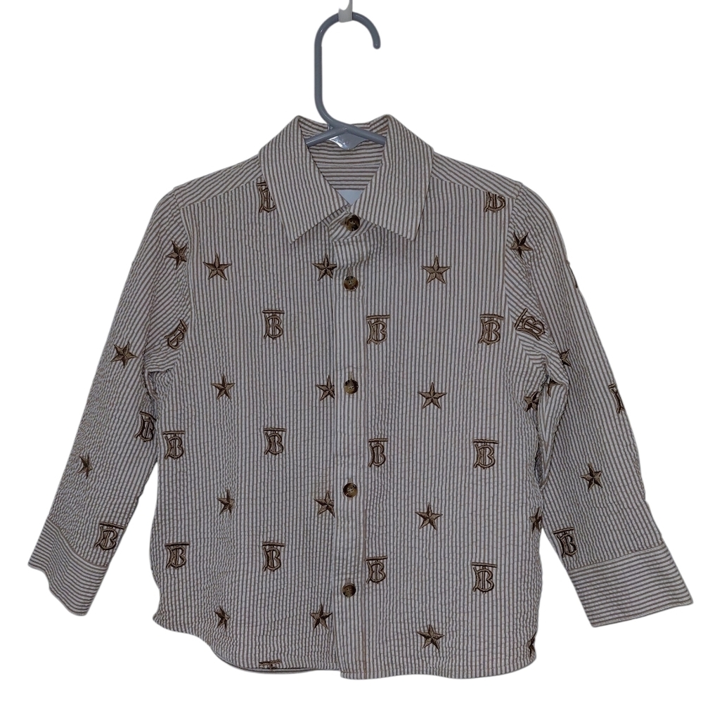 Burberry Button Up Boy Shirt Long Sleeves White Brown Stripes Logo & Stars Sz 4